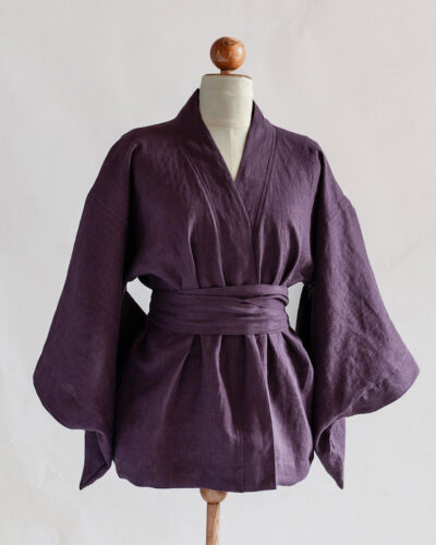 Kimono lniane w kolorze fioletowym bakłażanowym oberżynowym - len klasy premium stonewash