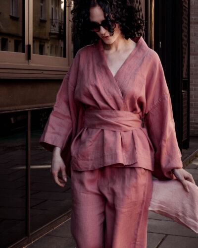 Kimono lniane różowe - część nonszalanckiego swobodnego garnituru - len premium stonewash - gruby luksusowy przewiewny